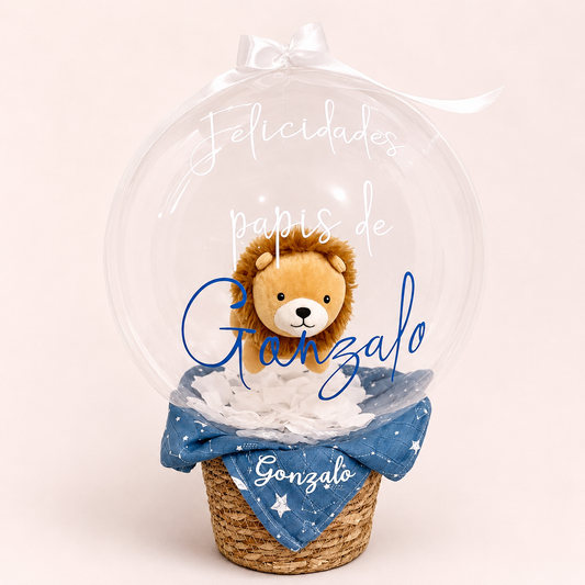 Globo burbuja Baby Kiss azul con peluche de león y muselina personalizada