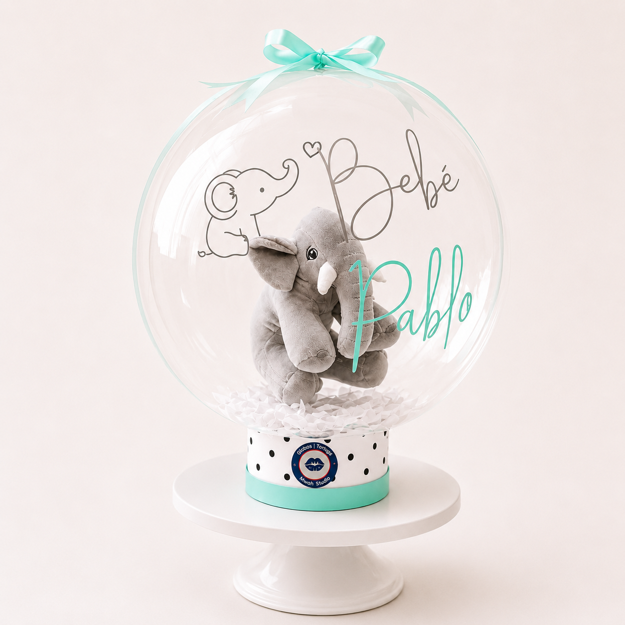Globo burbuja Baby Pop turquesa con peluche de elefante y decoración personalizada
