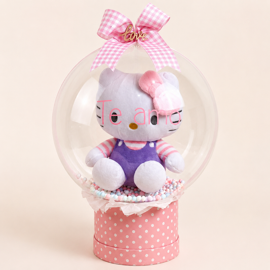 Glow Collection con peluche de Hello Kitty rosa en globo burbuja personalizado