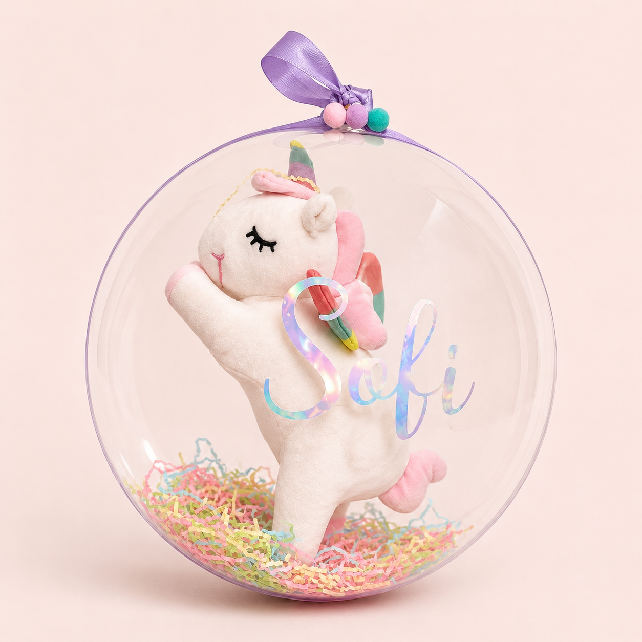Globo burbuja The Floats Air con unicornio de peluche y decoración personalizada